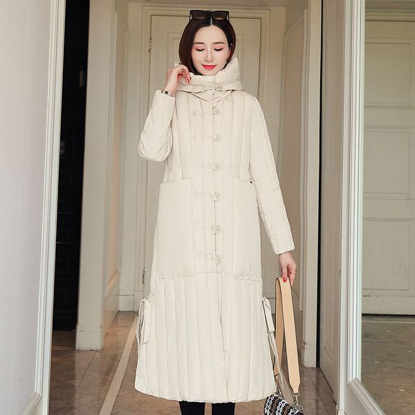 

2021 newchinese style winter jacket women hooded with big pockets female x-long coat single breasted collar warm wucs, Black