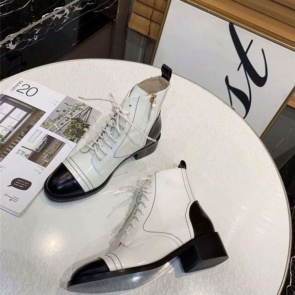 

boots thick heels brand ankle women round toe lace up short mixed color luxury design shoes woman real leather top, Black