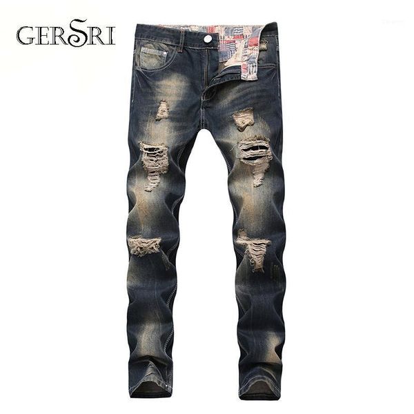 

gersri hip hop patch men retro jeans knee rap hole zipped biker jeans men loose slim destroyed torn ripped denim male1, Blue