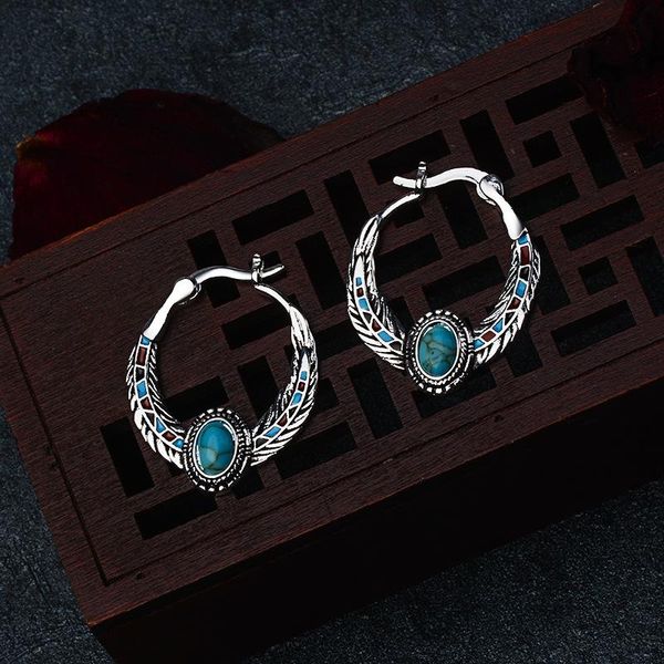 

charm luxury round inlaid hoop earrings in fashion jewelry eagle feather vintage for women accessories silver color, Golden