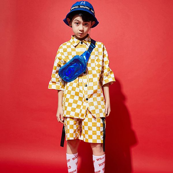 

kids stage performance wear plaid hip hop dance costume boys street wear rave outfits american clothing designer clothes jl1168, Black;red