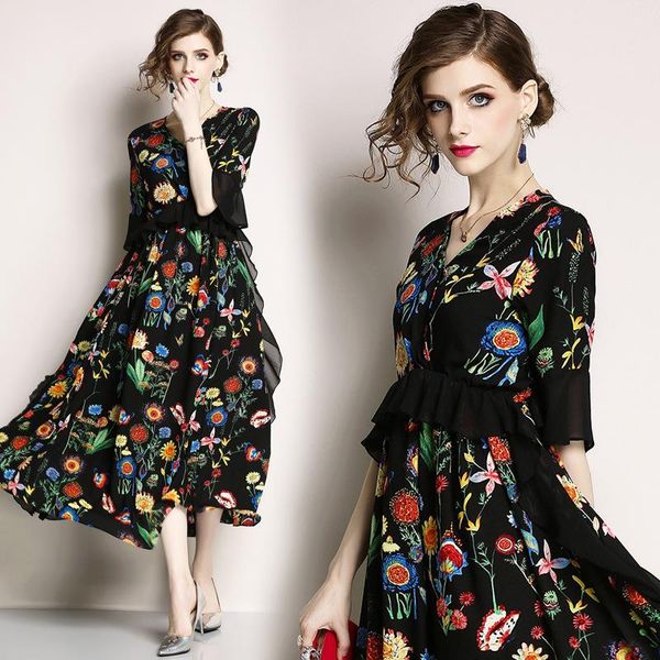 

2020 new summer dress large size slim v-neck ruffle short sleeve print soft bohemia fashion trendy temperament women dress cw727, Black;gray