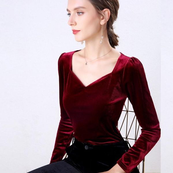 

autumn woman blouse shirt velvet retro v-neck 2020 new slim long sleeve womans shirts bottoming red1, White