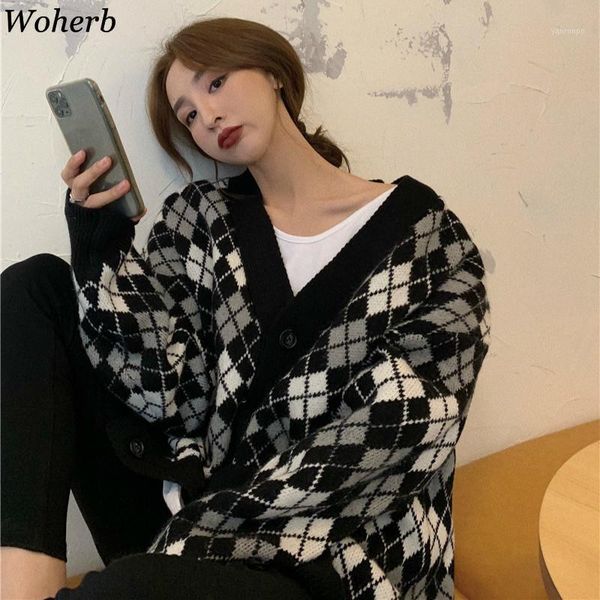 

woherb knitted plaid cardigan oversized outwear fall clothes knitwear coat sweaters women v-neck loose sueter pull femme 4f8671, White