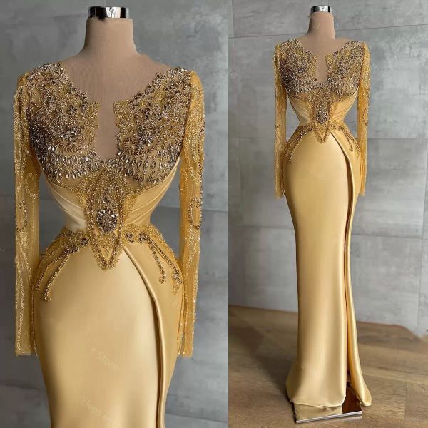 Abiti da sera lunghi in oro vintage Appliques Maniche lunghe Perline lucide Cristalli Abiti da ballo per feste di compleanno con spacco alto Robe De Soiree CG001