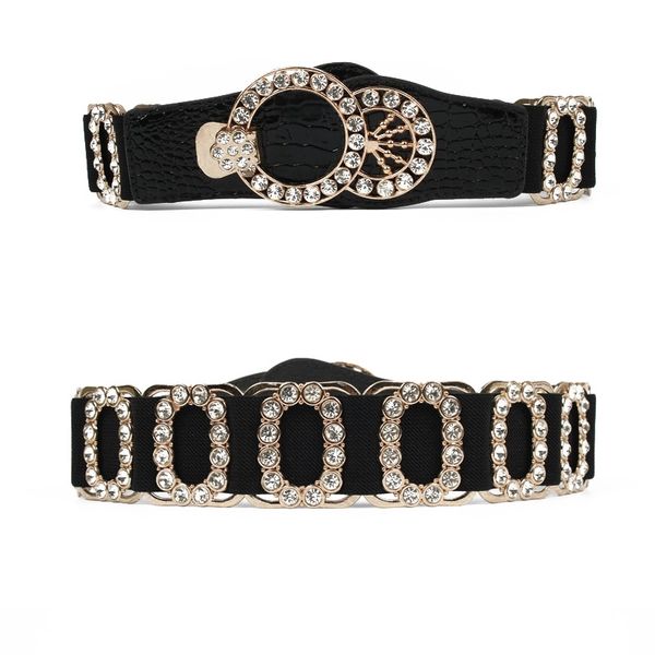 

fashion rhinestone wide belt for women pu leather wild dress accessories cummerbunds black slim wide elastic belts y200730, Black;brown