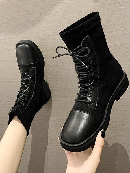 

lace up boots booties ladies shoes boots-women round toe rock med mid calf mid-calf 2020 autumn rubber cotton fabric basic1, Black