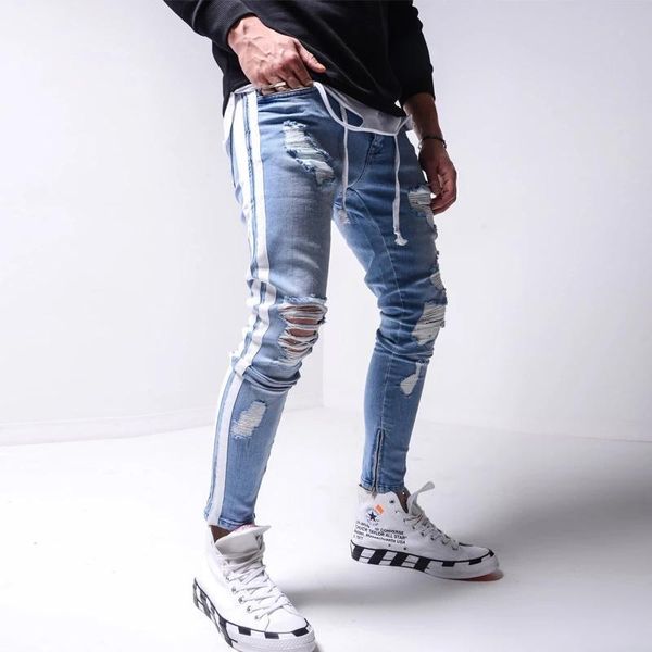 

men's jeans side striped biker knee ripped zipper skinny distressed slim fit destroyed hole hip hop denim pants, Blue