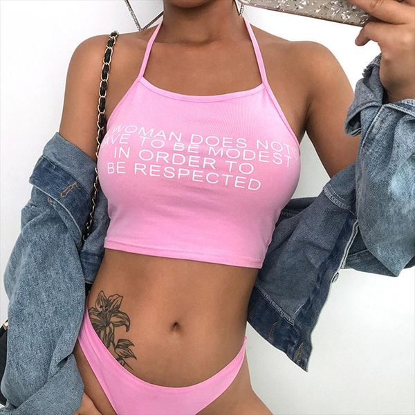 

women letter spaghetti strap tank 2020 female halter crop camis camisoles ladies pink short tight sleeveless shirt, White