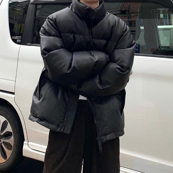 

winter men's pu leather short style loose coat thicken bread snow jacket in warm parkas stand collar lint cotton-padded clothes1, Black