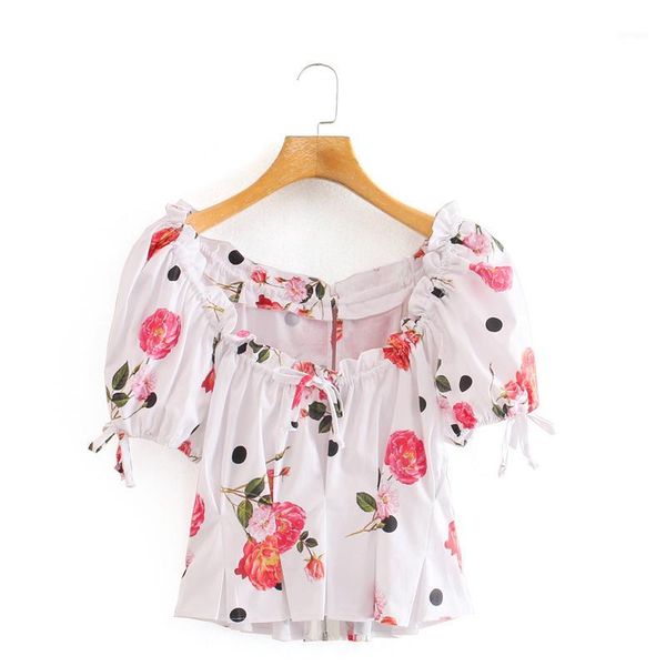

women's summer polka dot flower printed blouse lining retro lady puff sleeve back lace xnwm97461, White