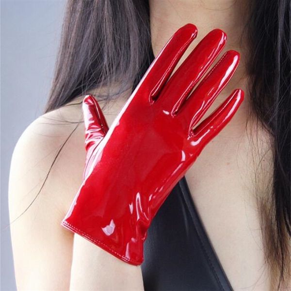 

women'a fashion shiny leather short style driving glove lady' patent pu leather performace cosplay glove 21cm r610 201019, Blue;gray