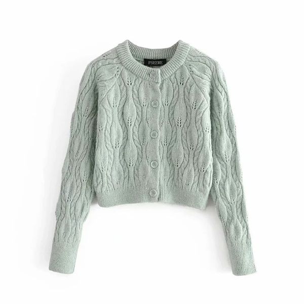 

new green cable knitted cropped women winter 2021 fashion long sleeve button-down cardigan korean sweater erdt, White;black