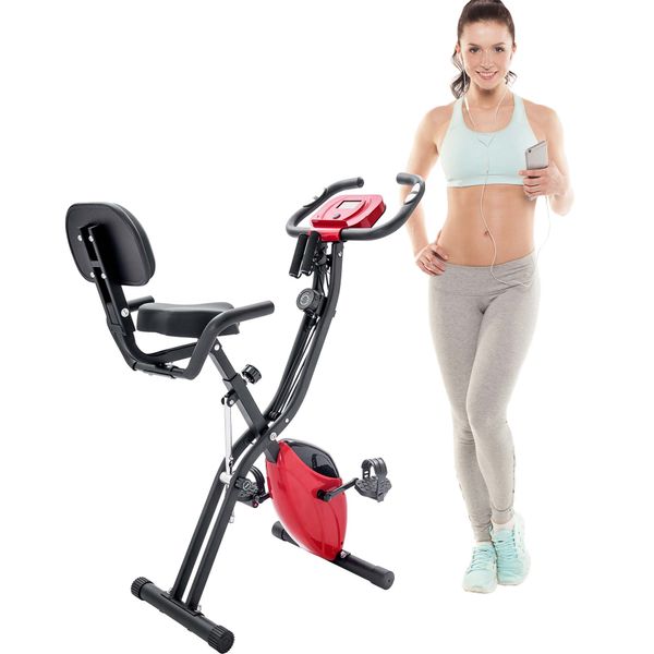 

folding exercise bike, fitness upright and recumbent x-bike with 10-level adjustable resistance, arm bands and backrest