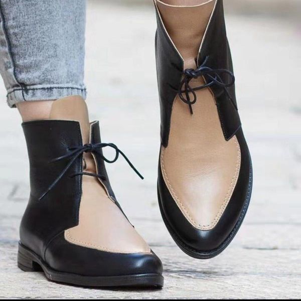 

fashion boots women color blocks women pointed toe boots pu leather lace-up low heel spring winter ankle booties botas mujer, Black