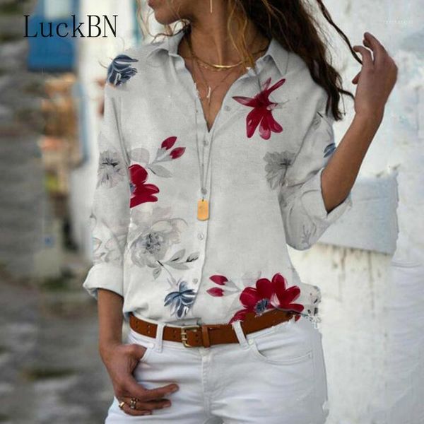 

women blouse chiffon shirt 2020 spring floral print long sleeve v-neck blouses work office shirts blusas mujer plus size 5xl1, White