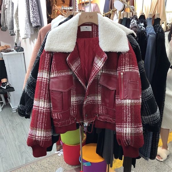 

ewq] autumn and winter female lamb fur turn-down neck single breasted plaid loose minimalist cotton heavy woolen coat 8d264x1016, Black;brown