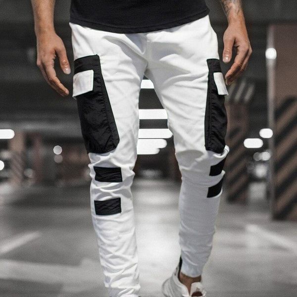 

mens casual solid multi-pocket trousers streetwear slim drawstring cargo pencil pants male 2020 fashion thin jogging sweatpants, Black