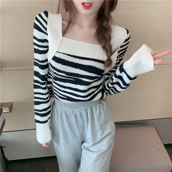 

women's sweaters so lovely slim fit square neck sweater women knitted zebra print pull femme jersey mujer, White;black