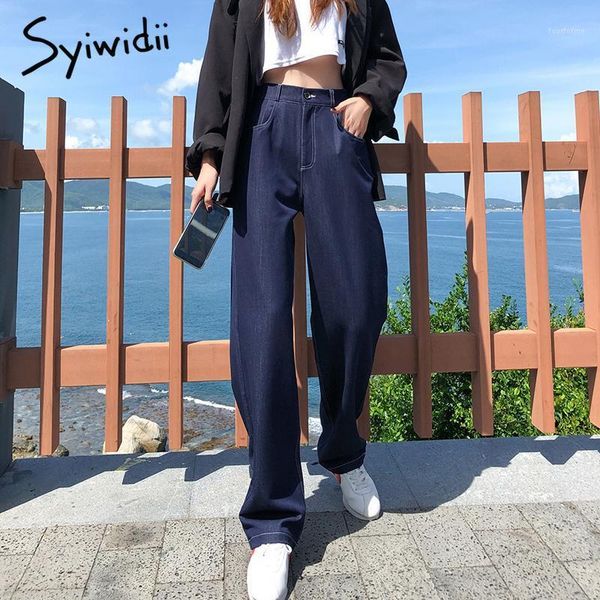 

women's jeans syiwidii wide leg women 2021 vintage elastic high waist straight korean style denim pants casual solid trousers 1, Blue