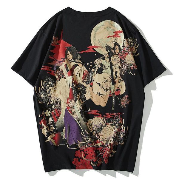 

japanese style tide brand ukiyo-e print floral quai personality trend cotton half-sleeved rabbit female round neck shirt, White;black