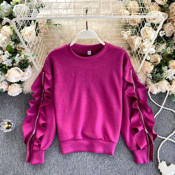 

singrain women korean design blouse chic zipper split ruffles long sleeve o neck autumn fashion streetwear short blouse, White