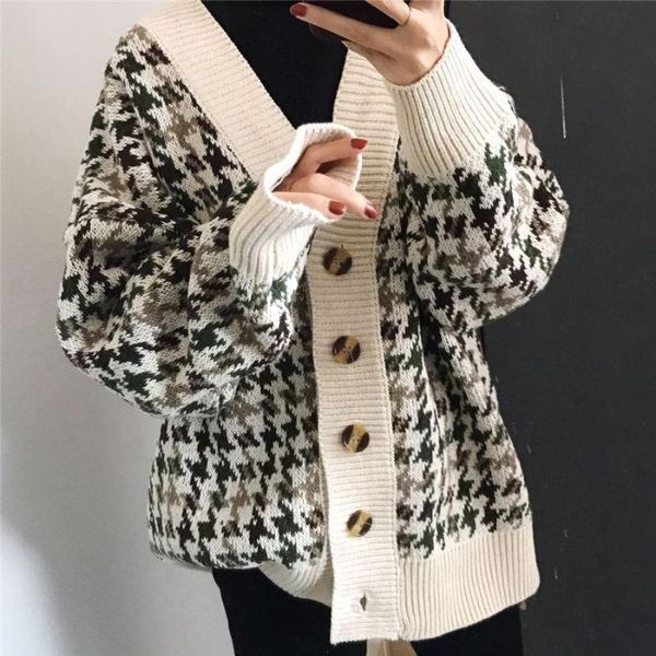 

new retro v-neck houndstooth thickened sweater jacket long sleeve sweater cardigan, White