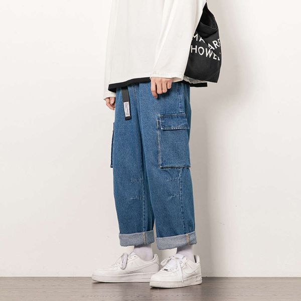 

new men's fashion multi pocket tooling jeans in autumn 2020, Blue