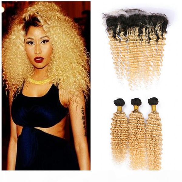 

deep wave #1b 613 blonde ombre brazilian hair with lace frontal 4pcs lot 2 tone ombre 3bundles with 13x4 full lace frontal, Black;brown