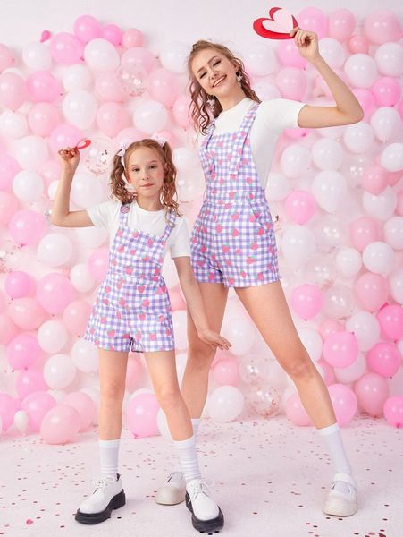

1pc gingham & strawberry print overall romper 75x3#, White