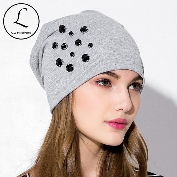 

gzhilovingl 2020 autumn spring causal cotton women baggy rhinestone beanies hats winter women skullies beanies hat gorros femme, Blue;gray