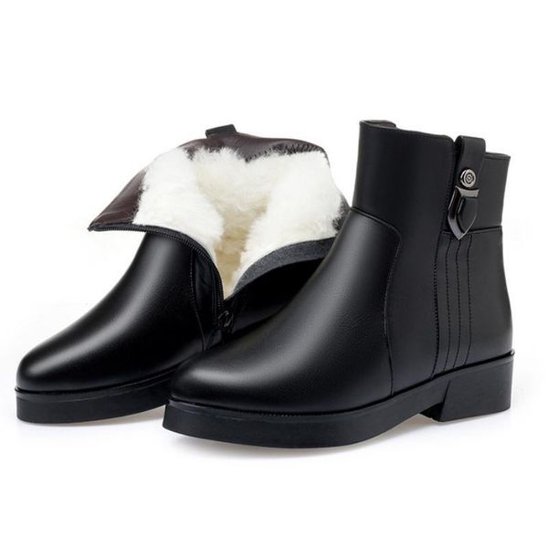

boots winter women's warm wool snow quality leather ankle classic round toe zipper flatform design women 35-43, Black