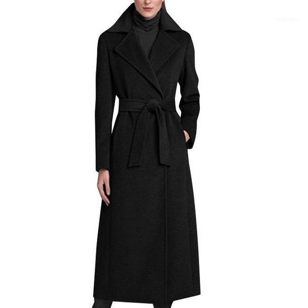 

autumn winter fashion women turn-down collar black woolen maxi long coat slim belt robe overcoat wool blends coat1