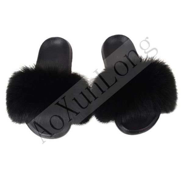 

faux fur slippers women plush fur slide color matching fluffy slippers ladies fake fur sandals beach slider 36-45 flip flops, Black