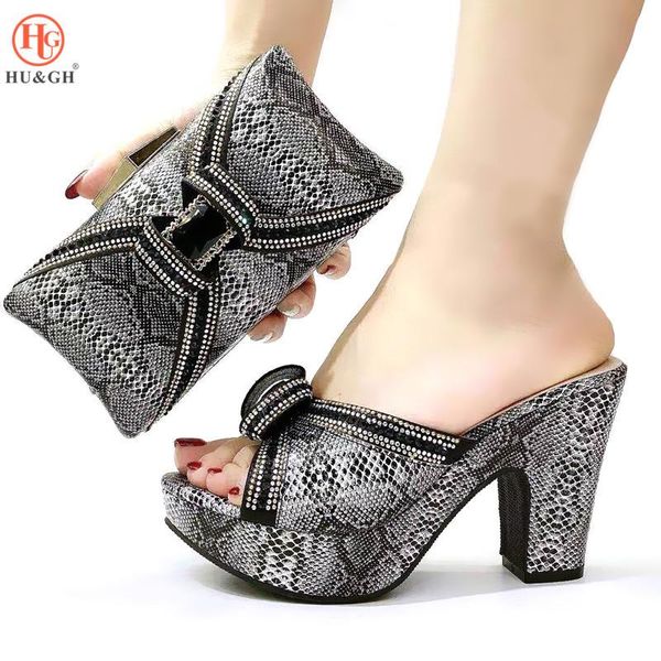 

fashion women high heels shoes for party african women decorated with rhinestone and bow knot designs sandals and bag set, Black