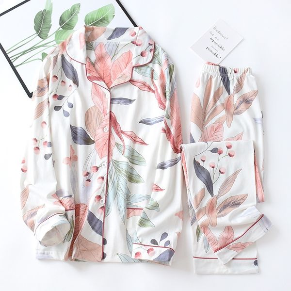 

women long sleeve nightwear autumn 100% cotton knitted pajama set turn-down collar leaves printing pajamas loungewear sleepwear 201027, Black;red