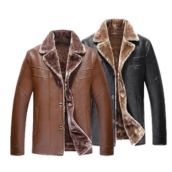 

men's fur & faux winter wool liner leather jacket mens large size 5xl slim thick men middle-aged business casual coats, Black
