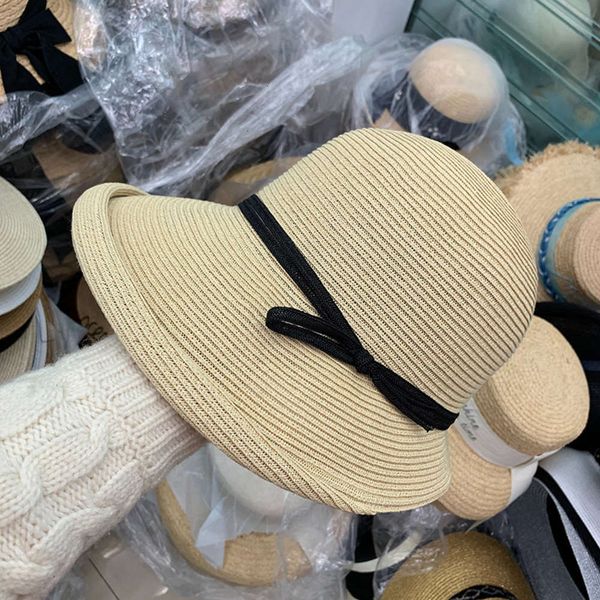 

korean straw simple temperament versatile flannel bow sun women's summer vacation beach hat tide, Blue;gray