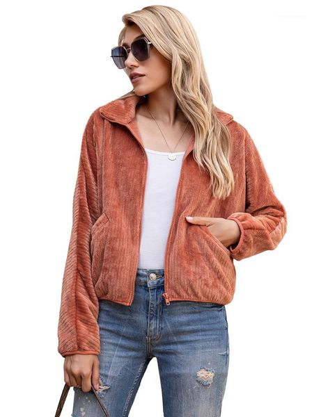 

lapel neck zipper jacket autumn solid color loose pocket coats famale casual clothes women, Black;brown