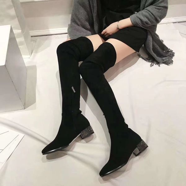 

designer-over knee boots 2021 women winter thigh lace up ladies high heel chunky heeld long botas boot, Black