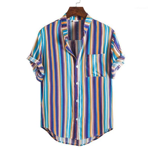 

men's casual shirts pocket shirt men summer short sleeve 2021 striped multicolor hip-hop loose blouse beach shirt1, White;black