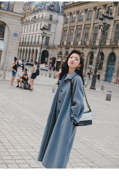 

2021 new feminine solid color medium length autumn/winter korean style unique lapel breasted fresh leisure sweet thickened wool coat df6w, Black