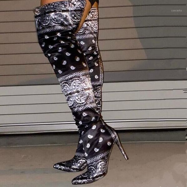 

fashion boots motorcycle boots plus size women 2020 autumn/winter new super high heel print over the knee stiletto1, Black