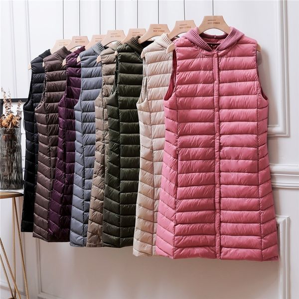

2021 new 4xl ultra light vest women hooded lightweight waistcoat female down coat long slim sleeveless pi2h, Black;white