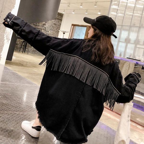 

denim jacket black bomber jacket fringed punk style denim sequined lapel loose casual top, Black;brown