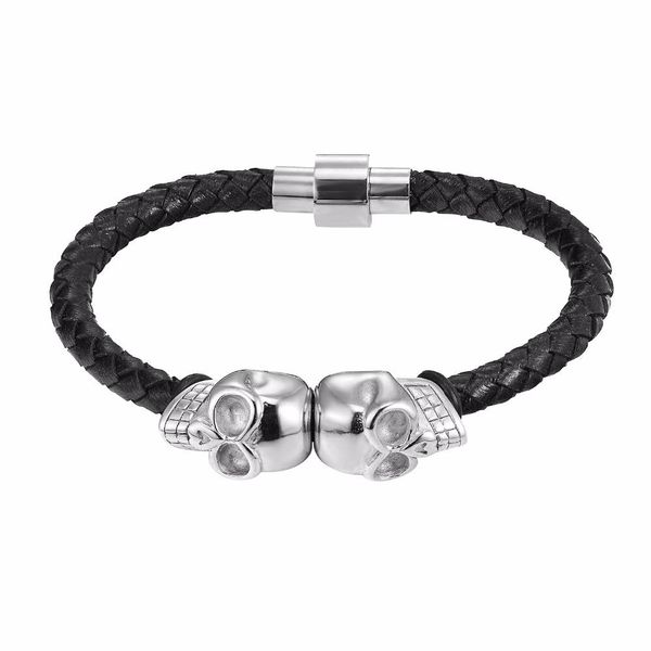 

livvy fashion ювелирные изделия 2017 punk подлинная из нержавеющей стали кожаный браслет для человека двойной череп браслет с магнитными хло