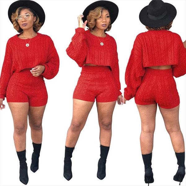 

christmas red women knitted sweater two piece set long sleeve loose crop high waist shorts autumn winter outfits, Gray