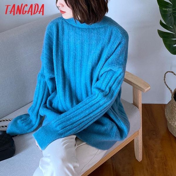 

tangada women elegant blue twist knitted sweater jumper o neck female oversize pullovers chic 6d931, White;black