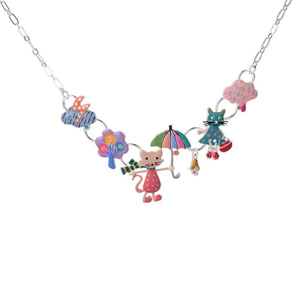 

women necklace cute animal cats pendants necklaces colorful enamel statement necklace chain jewelry accessories for kids women, Silver