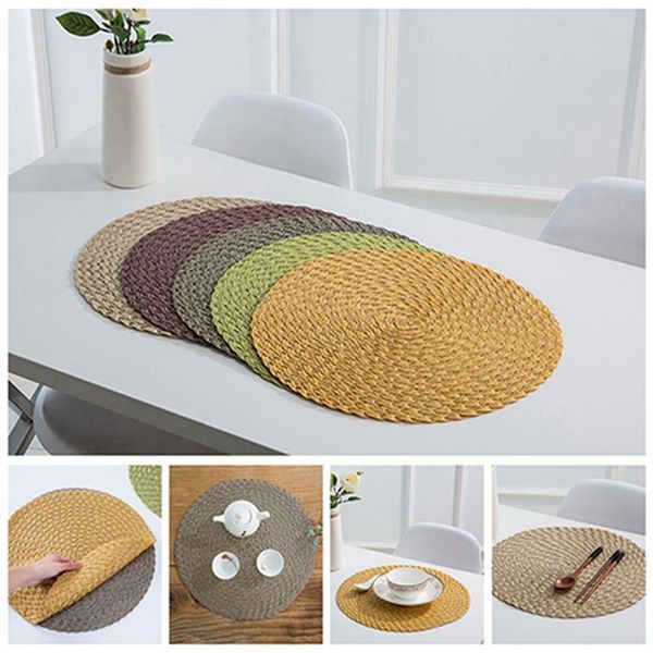 

5 colors pp round woven placemat plastic western food insulation padmat custom handmade solid non-slip eco-friendly table mat dh0850 t03